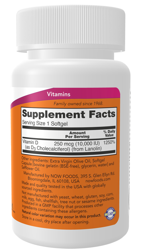 NOW Vitamin D3 10000 IU Softgels — product image 2 | FamiliaBoost