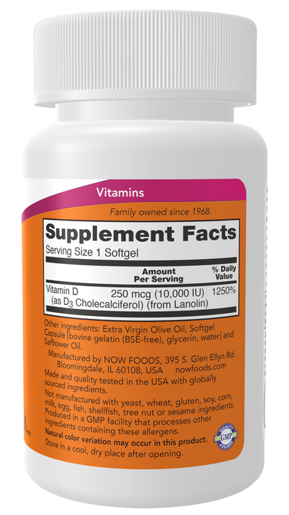 NOW Vitamin D3 10000 IU Softgels — product image 2 | FamiliaBoost