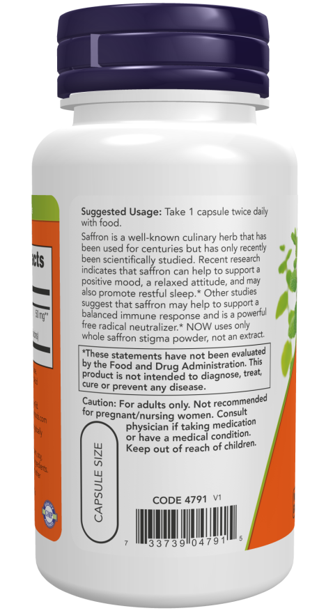NOW Saffron 50mg Capsules — product image 3 | FamiliaBoost