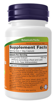 NOW Ashwagandha 450mg Capsules — product image 2 | FamiliaBoost