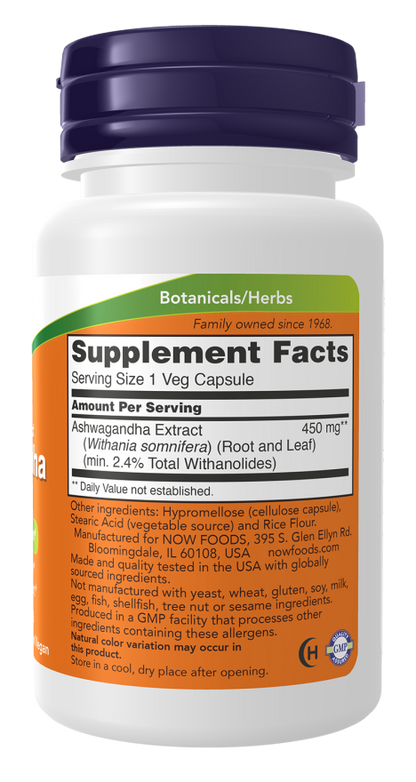 NOW Ashwagandha 450mg Capsules — product image 2 | FamiliaBoost