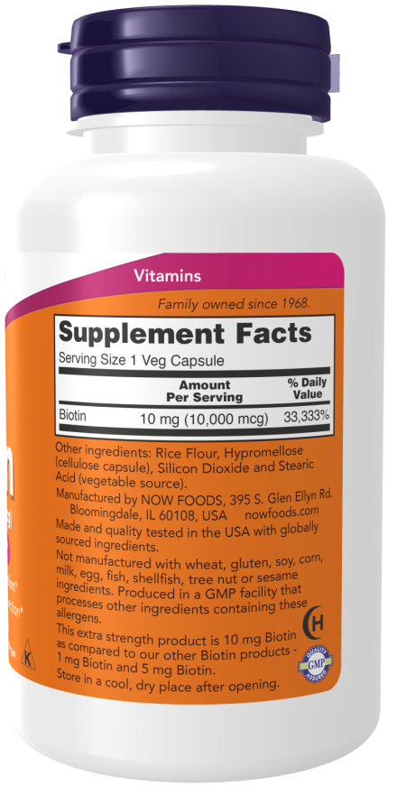 NOW Biotin Extra-Strength 10mg Capsules — product image 2 | FamiliaBoost
