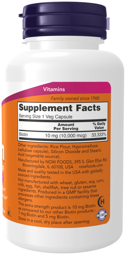 NOW Biotin Extra-Strength 10mg Capsules — product image 2 | FamiliaBoost
