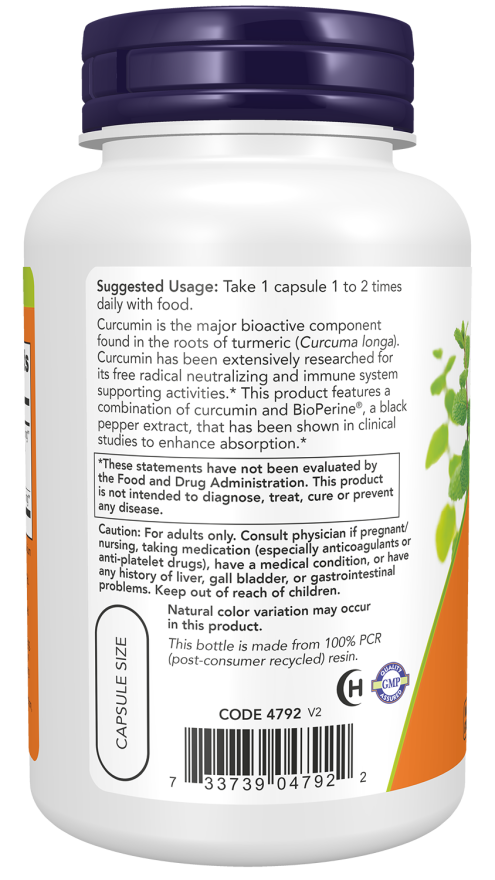 NOW Turmeric Curcumin with BioPerine Capsules — product image 3 | FamiliaBoost