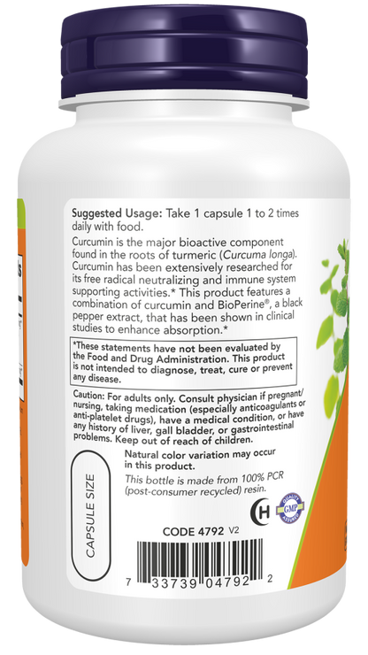 NOW Turmeric Curcumin with BioPerine Capsules — product image 3 | FamiliaBoost