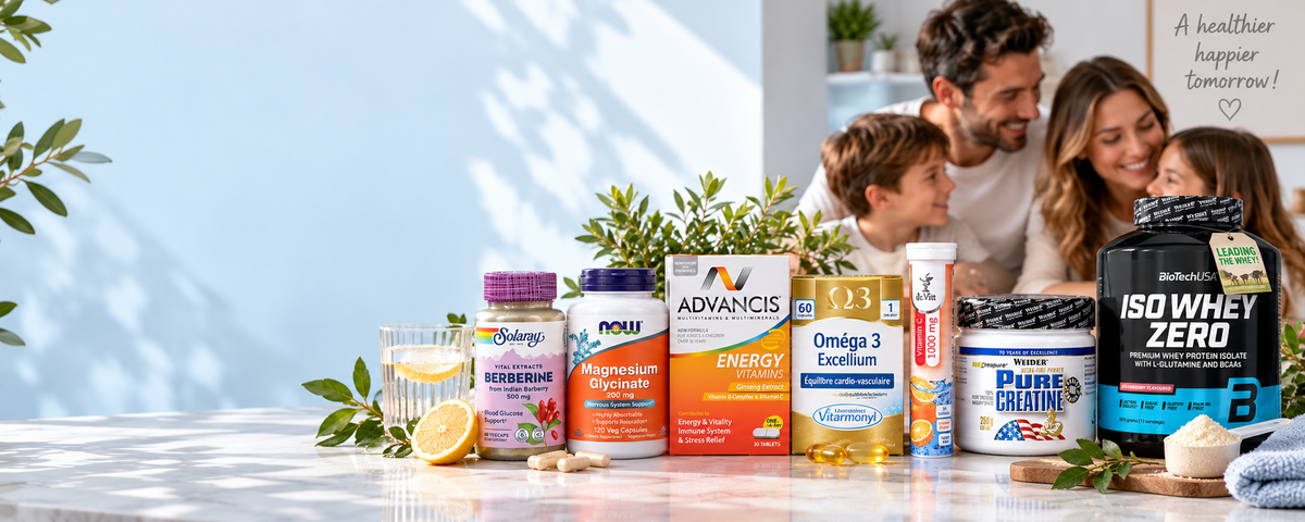 FamiliaBoost banner showing vitamins and sports supplements, with a family in the background
