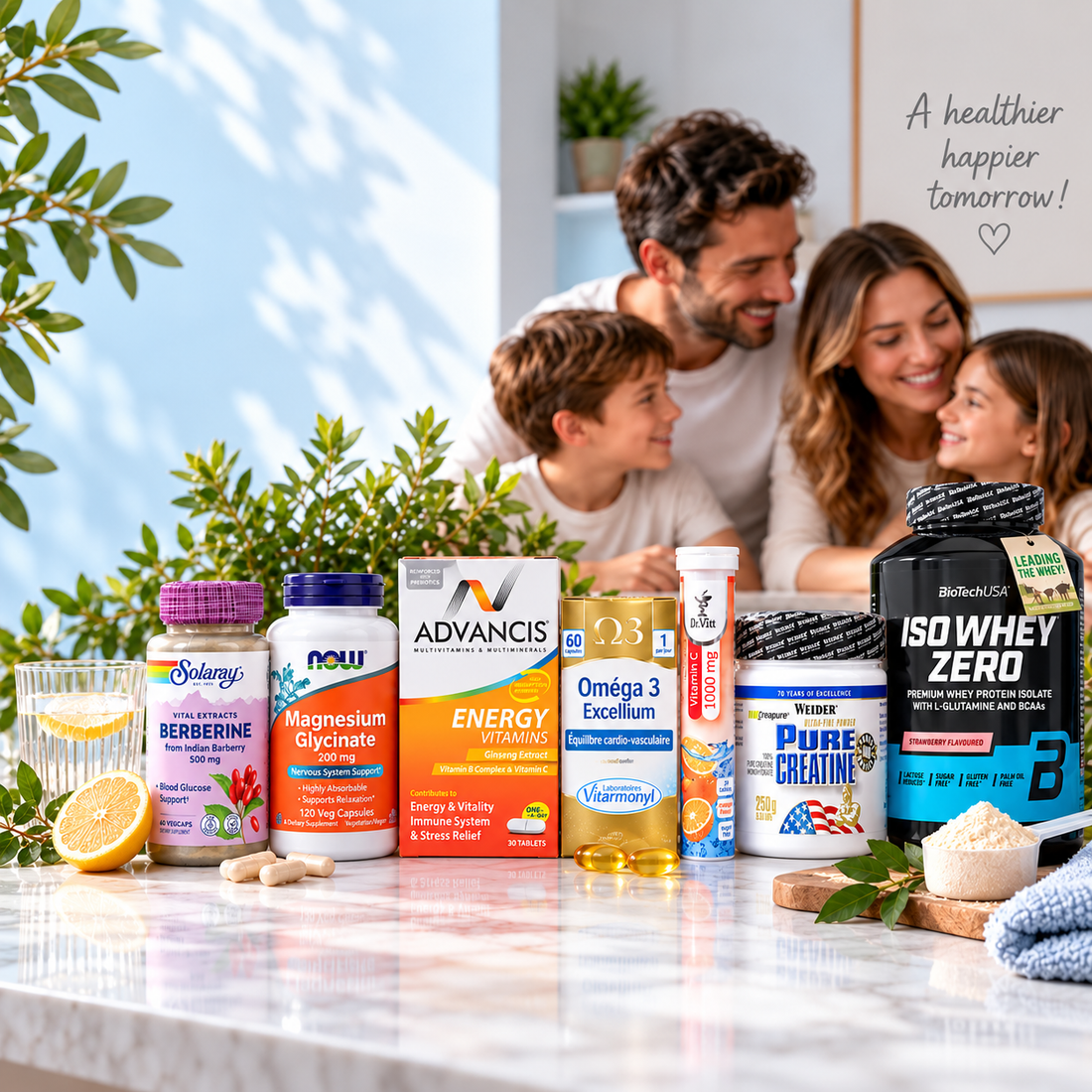 FamiliaBoost banner showing vitamins and sports supplements, with a family in the background